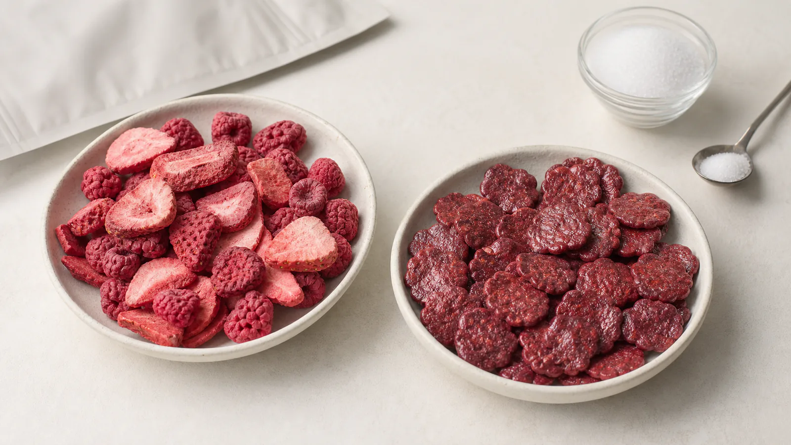 Plain freeze-dried strawberries and raspberries beside glossy formulated fruit crisps and a small dish of sugar