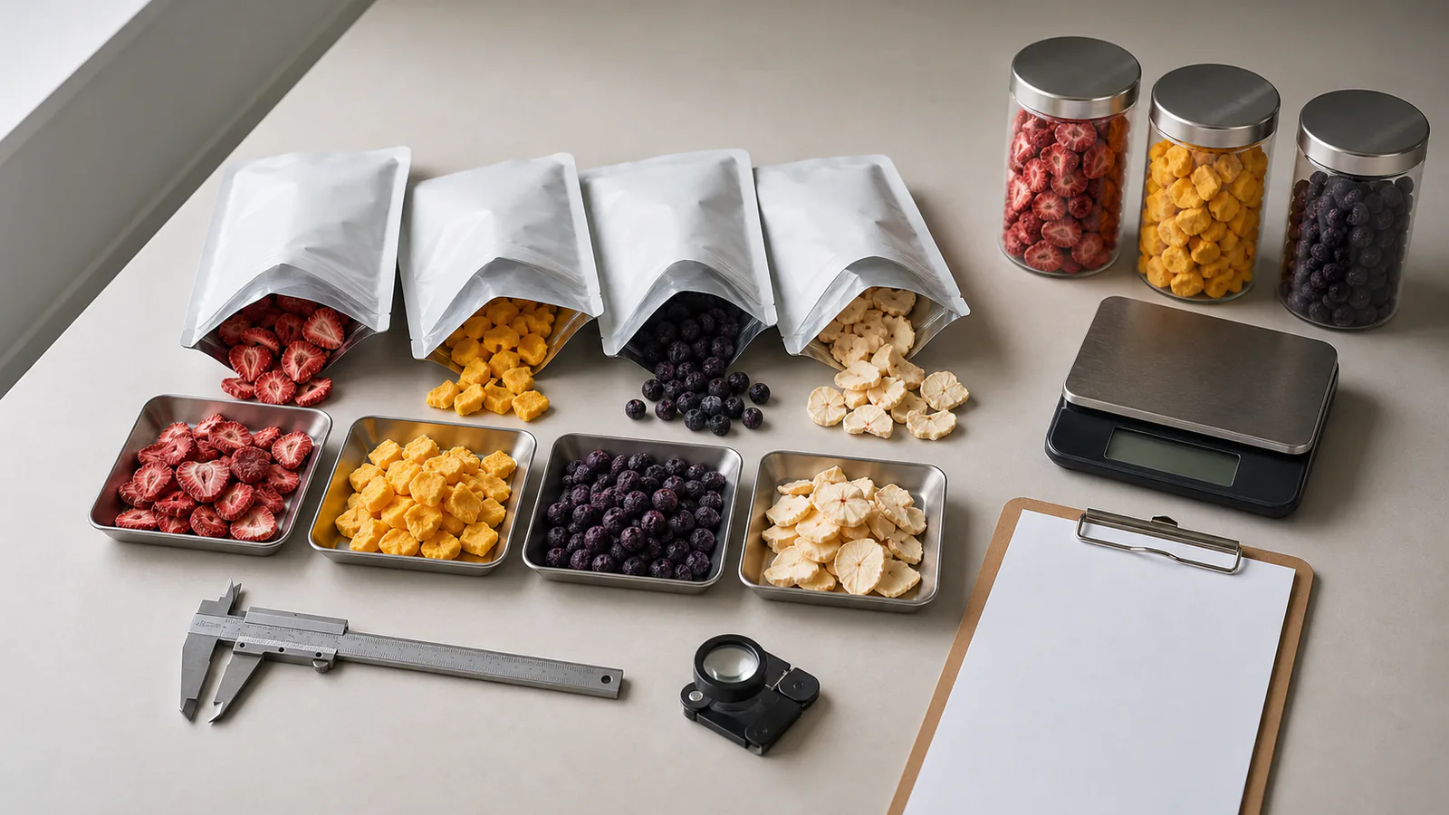 Buyer evaluation desk with freeze-dried fruit samples, plain pouches, a scale, caliper, loupe, jars, and clipboard