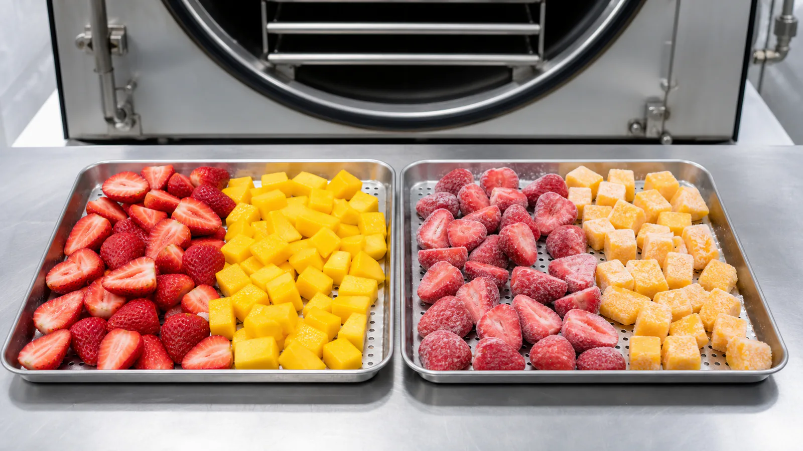 Fresh strawberry and mango pieces compared with lightly frosted IQF fruit on stainless steel trays near a freeze dryer