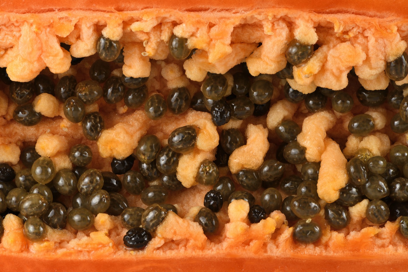 A close-up of a papaya cut lengthwise with orange flesh and black seeds