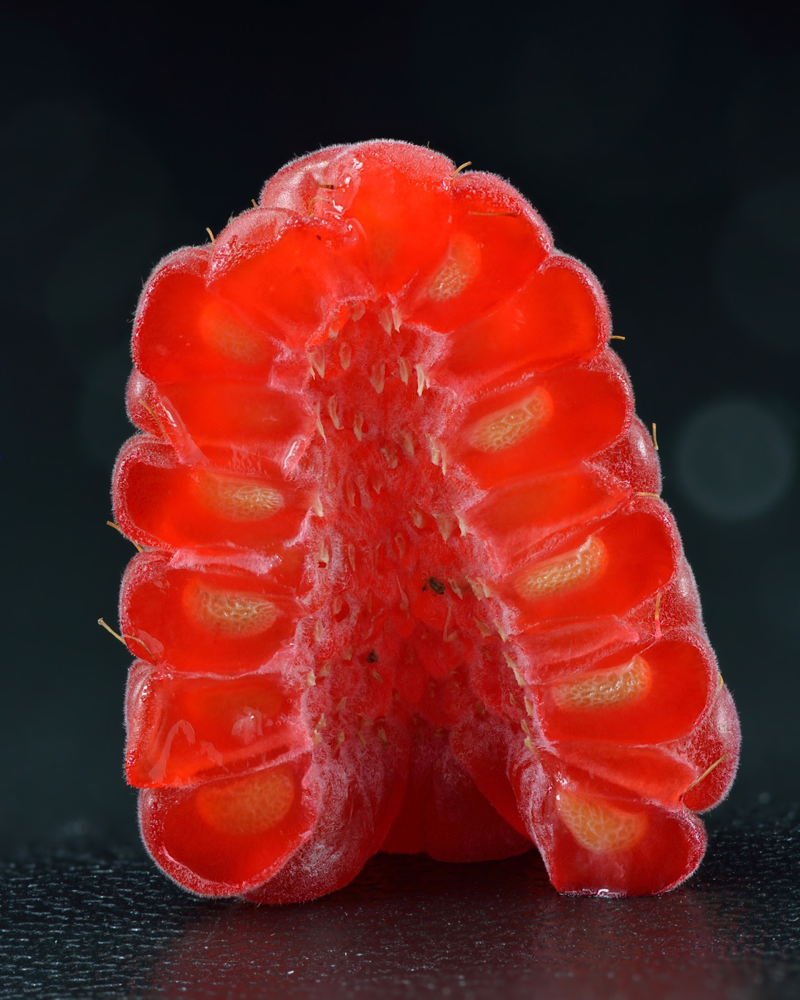A halved raspberry showing its hollow structure and drupelets